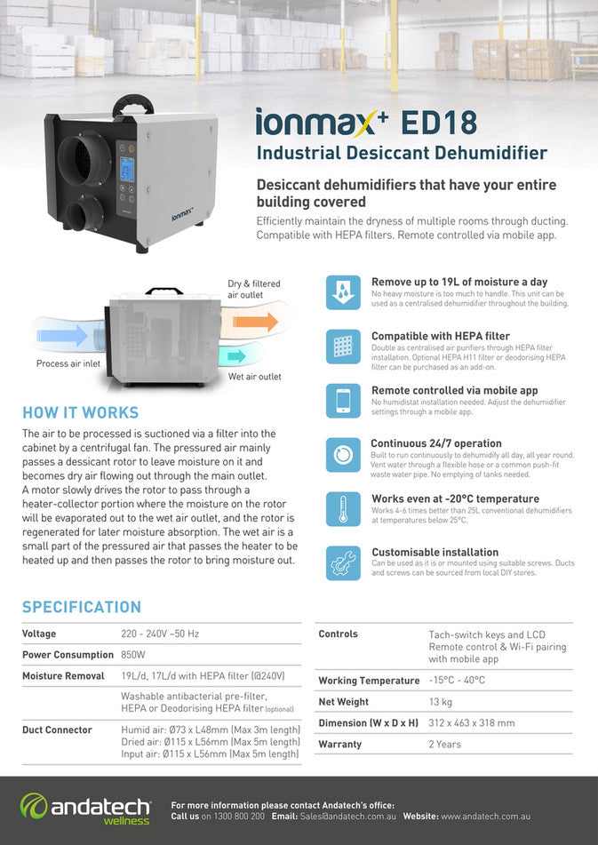 Ionmax+ ED18 Industrial-grade Desiccant Dehumidifiers